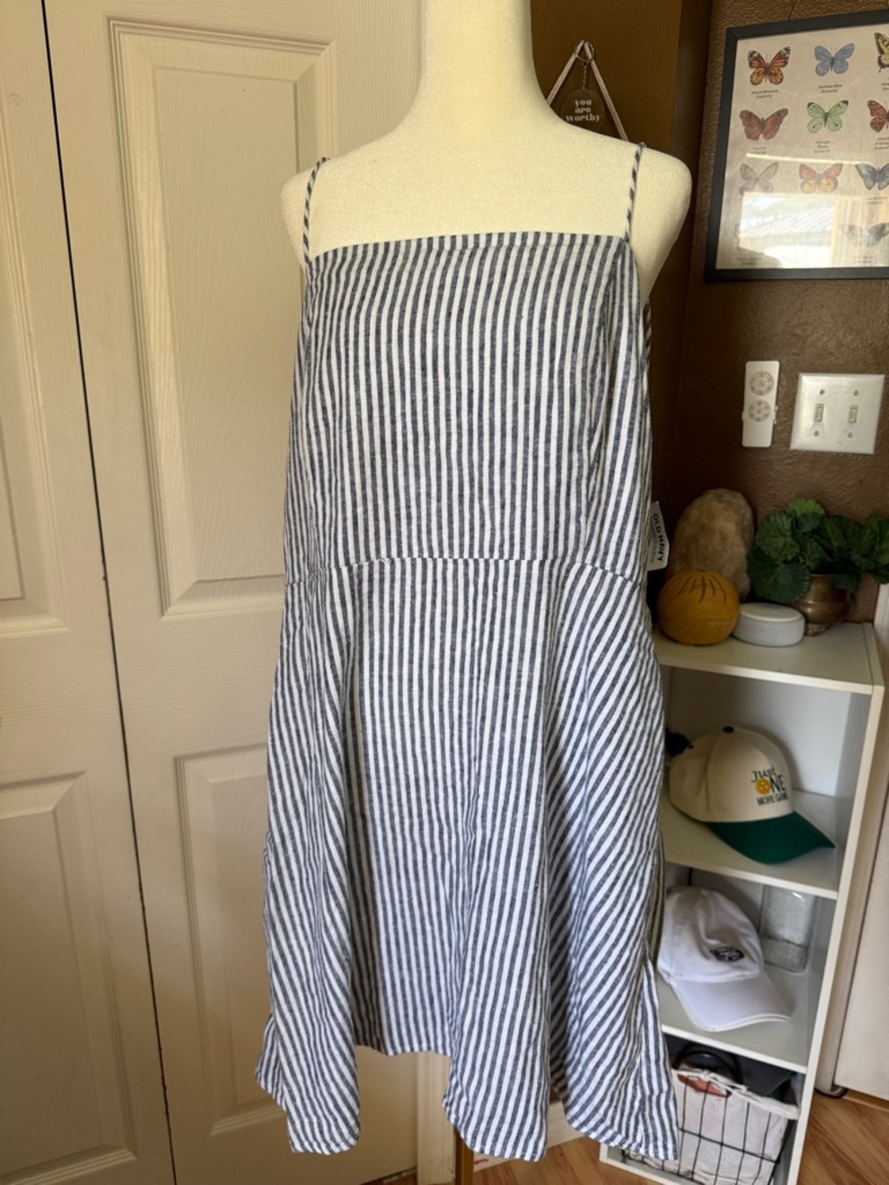 NWT Striped Spaghetti Strap Linen Blend Sundress in Navy and White / Size XXL